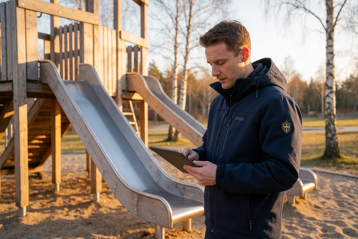 Certifierad besiktningsman med surfplatta på en lekplats